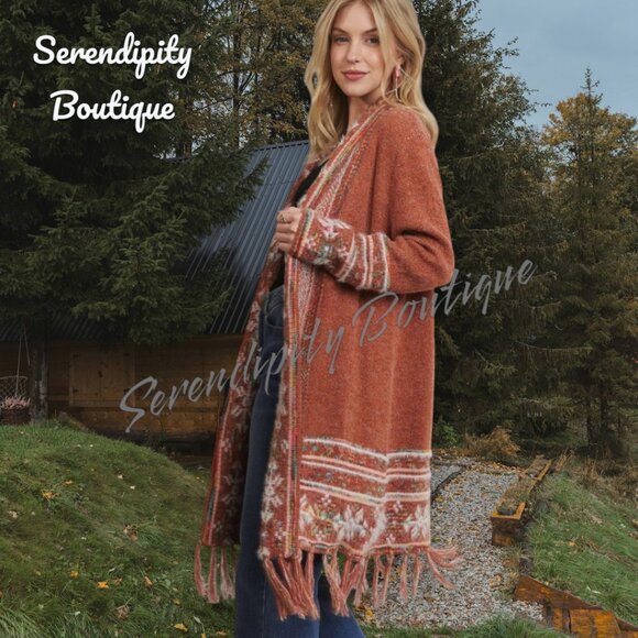 Tribal Print Jacquard Knit Fringe Comfy Long Sweater Duster Cardigan. - Picture 3 of 9